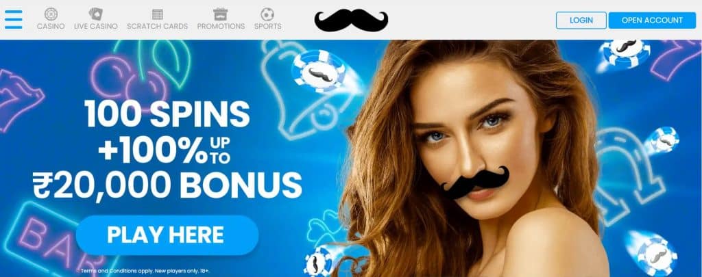 Woman with Mr Play logo moustache against blue background with casino promotional offer for India