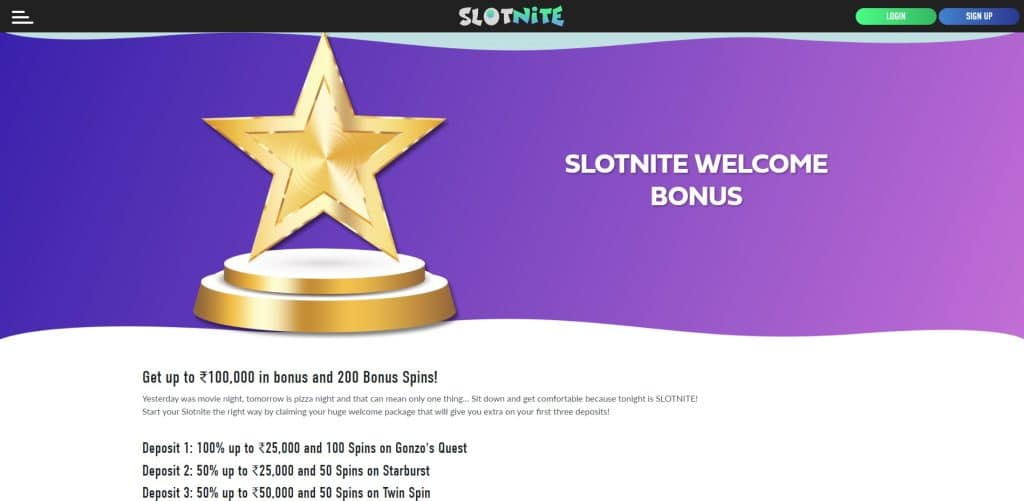 Slotnite 3-part welcome offer. Gold star on purple background