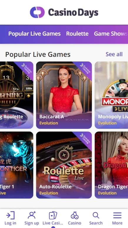 Casino Days Live Roulette Games Screenshot