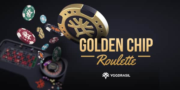 Golden Chip Roulette Yggdrasil. lack background and gold letters.